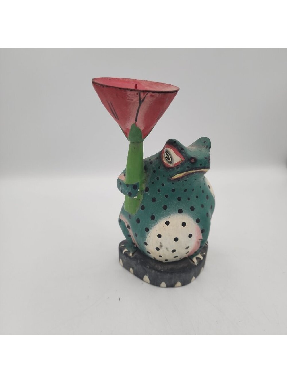 Vintage Folk Art Carved Hand Painted Wood Green Grumpy Frog Toad Candle Holder